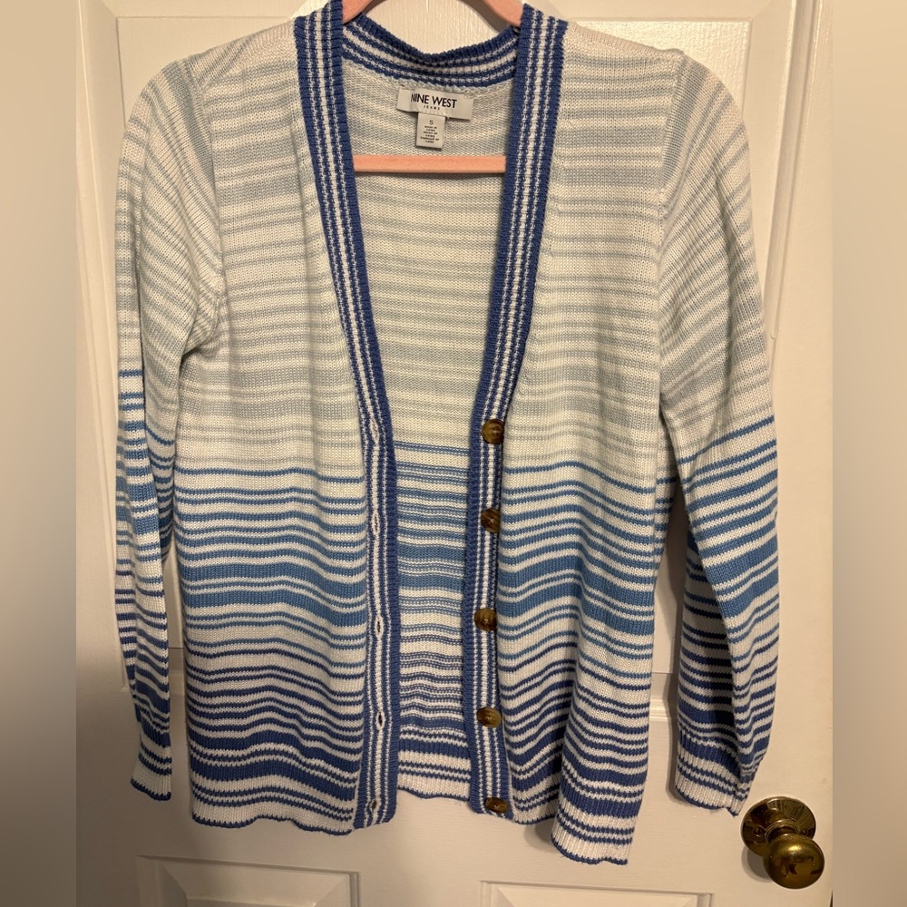 Nine West Women's Blue and White Striped Cardigan